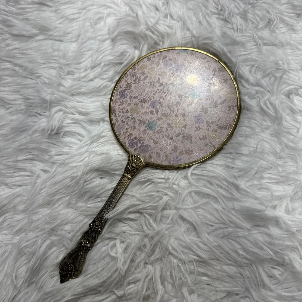 Antique Art Nouveau Handheld Vanity Mirror w/ Floral Brass‎ Design Mid Century